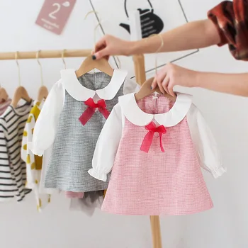 

Spring Baby Girls Cute Dress Peter Pan Collar Thin Drawstring Bow Long Sleeve Baby Girls Princess Dress Kids Above Knee, Mini