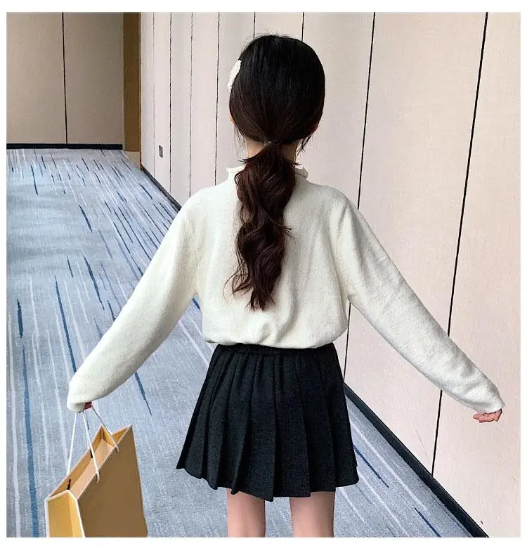 New 2020 Spring Autumn Winter Pullover Big Girls Sweater High Collar Baby Girl Sweater Fashion Kids Sweater Green White Tops (12)
