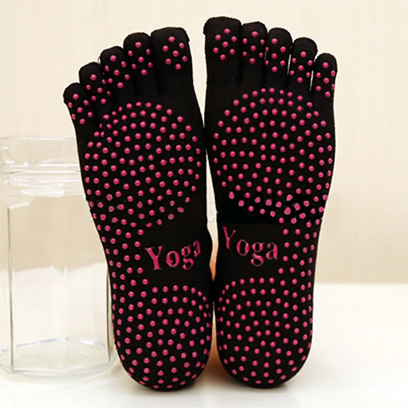 Женские нескользящие носки с пятью пальцами для йоги, балета, спортзала, фитнеса, спорта, пилатеса, носки для танцев, забавные хлопковые Дышащие носки - Цвет: Черный