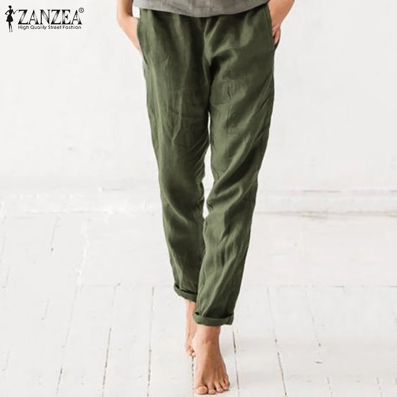 2019 ZANZEA Осенние повседневные длинные брюки хлопковые карманы Pantalon летние женские брюки Femme плюс размер эластичный пояс винтажные брюки 5xl