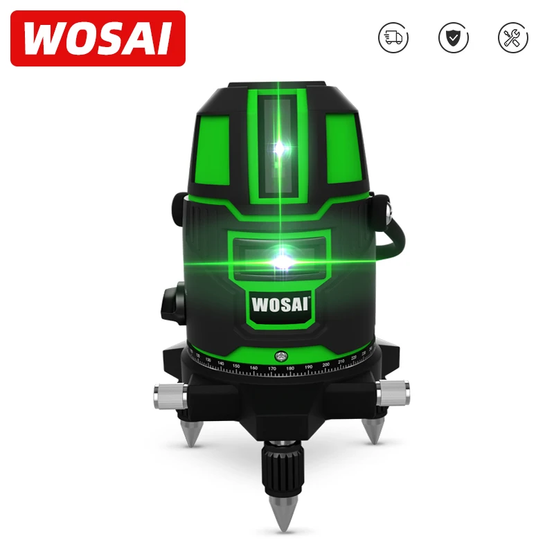 

WOSAI 360 Rotary Self Leveling 5 Lines/6 Points Green Laser Level Degrees Rotary Cross Laser/Receiver and Tilt Slash OK