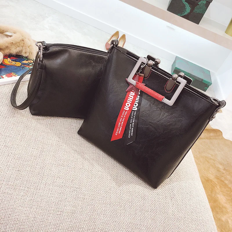 

2019 New Style Large Capacity Oil Wax Leather Bucket Bag Two-Piece Set Star Ribbon Shoulder Oblique Handbag