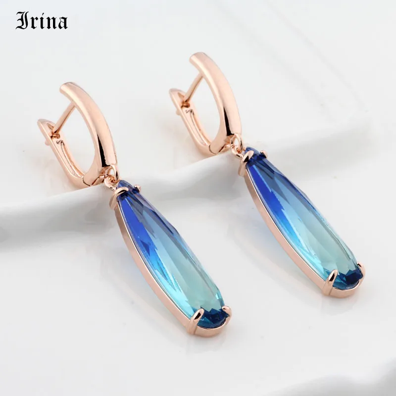 Rose Gold Long Earrings Water Drop Colorful Natural Zirconia Dangle Jewelry Gift