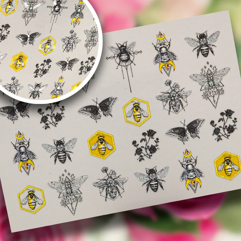

1pc 3D Acrylic Engraved Natural Bee Butterfly Nail Sticker Nail Water Decals Fashion Empaistic Nail Water Slide Decalsi Z0318