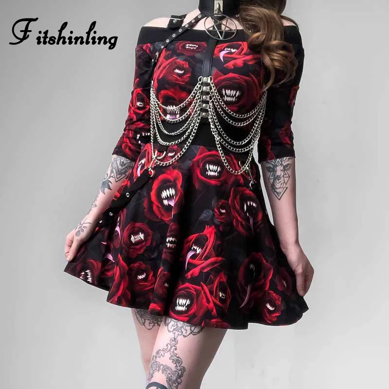 

Fitshinling Rose Print Gothic Women Matching Sets Belt Off Shoulder Crop Top Skirt 2 Piece Set Punk Harajuku Autumn Outfits Sale