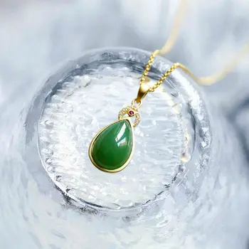 

New silver inlaid natural Hetian drop-shaped chalcedony pendant necklace Chinese retro craft charm women's brand jewelry