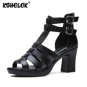 

Genuine Leather Women High Heel Sandals 2020 Summer Gladiator Sandals Woman Roman Sandal High-heeled Platform Sandal Womens