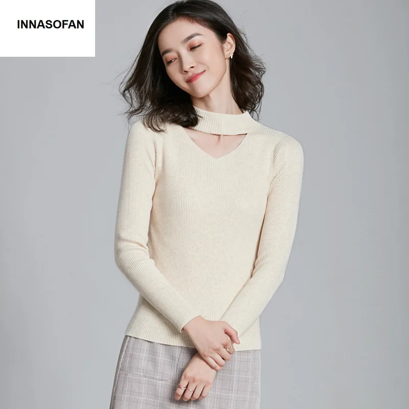 INNASOFAN Knitted sweater women Autumn Spring long-sleeved Euro-American fashion chic openwork V-collar solid | Женская одежда