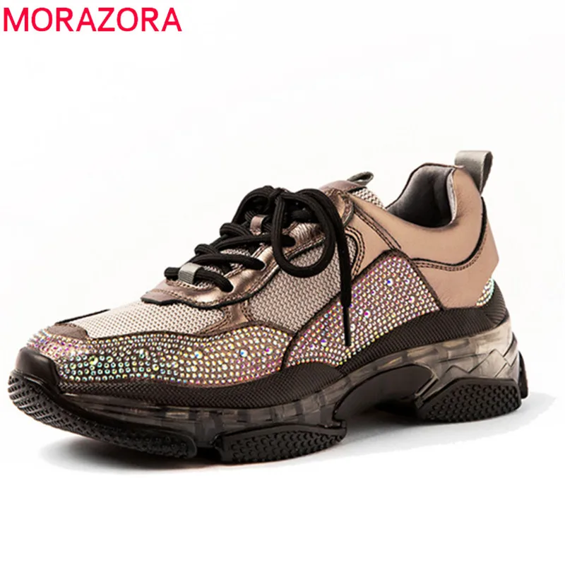 

MORAZORA 2020 top quality flat shoes women sneakers lace up crystal bling spring autumn comfortable casual shoes female