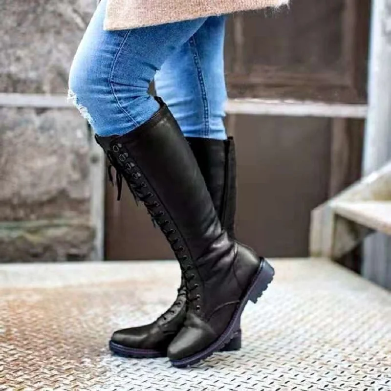 Knights Women's Boots Flat Bottomed Boots Winter New Round Head Side Zipper Large Square Heel Long Leg High Tube
