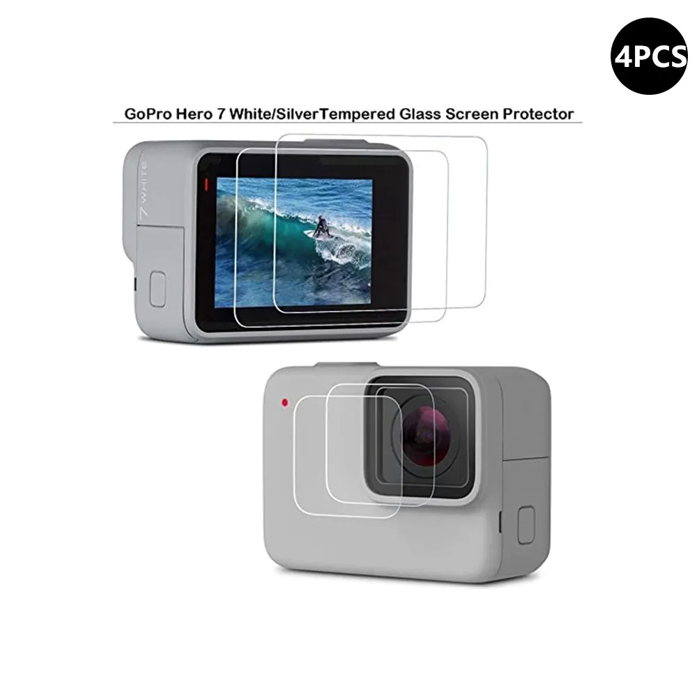 Protector de vidrio templado para cámara GoPro Hero 7, película protectora de pantalla LCD, lente frontal, Blanco/plateado