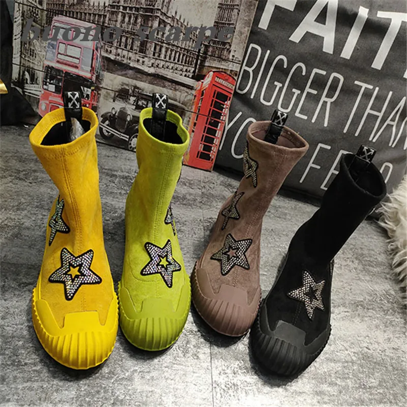 

Autumn and winter new comfortable soft bottom candy color round head stretch boots stars rhinestone shell Martin boots