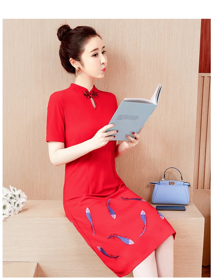 Весна и лето улучшенное платье Ципао с коротким рукавом и вышивкой перо элегантное красное черное платье Ципао китайское Новогоднее платье