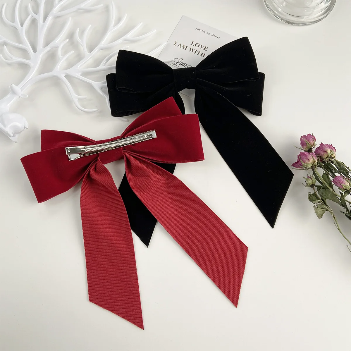 2021 Fashion Girls Retro Black Velvet Bow Hairpin Ladies Wedding Long Satin Ribbon Korean Hairpin Hair Accessories Headdress