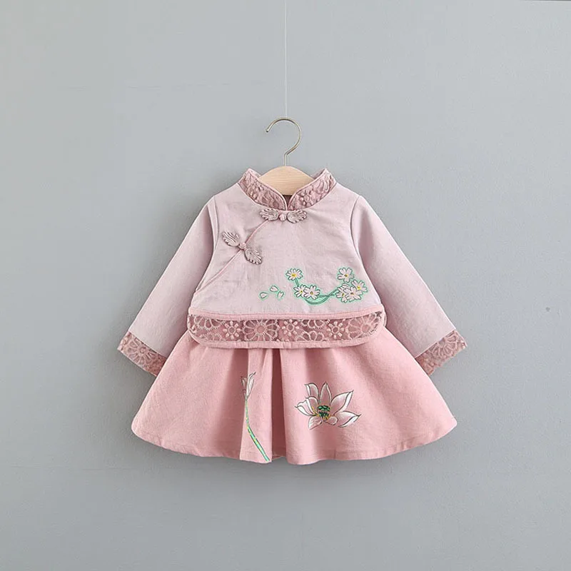 New Baby Dress Girl Baby Vertical Collar National Style Long Sleeve Chinese Dress Children One Piece Clothing Gift Cute Fashion
