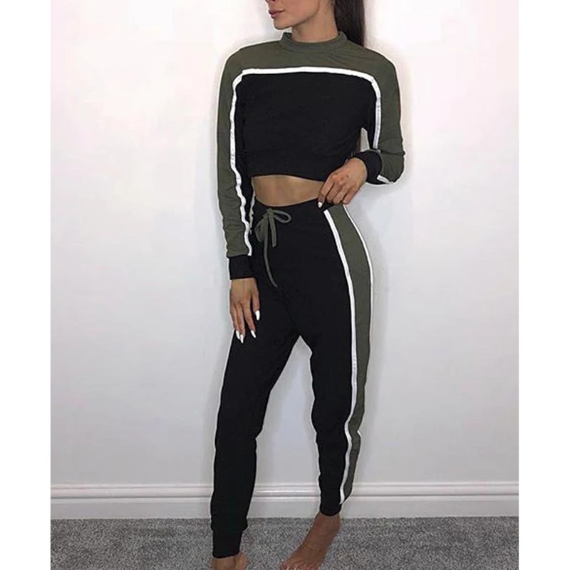 

2018 Spring Autumn Women's Two Piece Set O-Neck Long Sleeve Splicing Sportswear Women Fitness Running Sports Yoga Set Plus Size