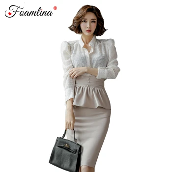 

Foamlina Women's 2 Pieces Set 2020 New Fashion Stand Collar Long Sleeve Buttons Shirt and High Waist Ruffles Pencil Skirt Suits