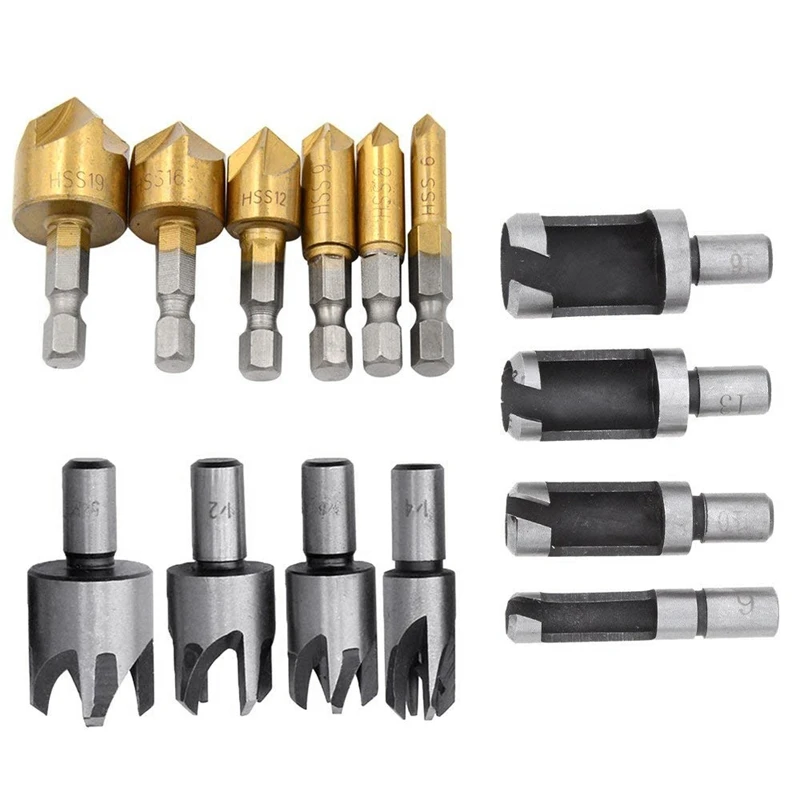 

HHO-8 pcs 5/8in 1/2in 3/8in 1/4in Wood Plug Cutter Tool Drill Bits Set + 6PCS 1/4in Hex Shank HSS 5 Flute Countersink Drill Bit