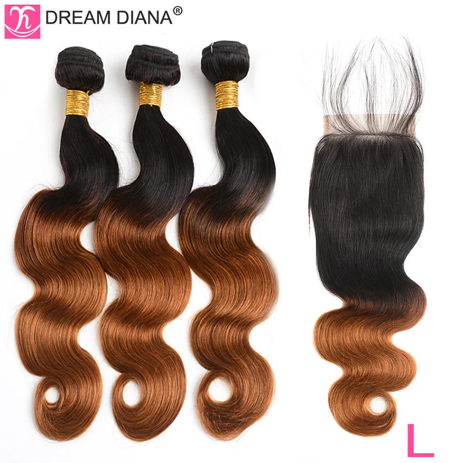 

DreamDiana Ombre Malaysian Body Wave With Closure Two Tones 1B 30 10"-26"L Ombre Remy Hair Bundles With Closure 100% Human Hair