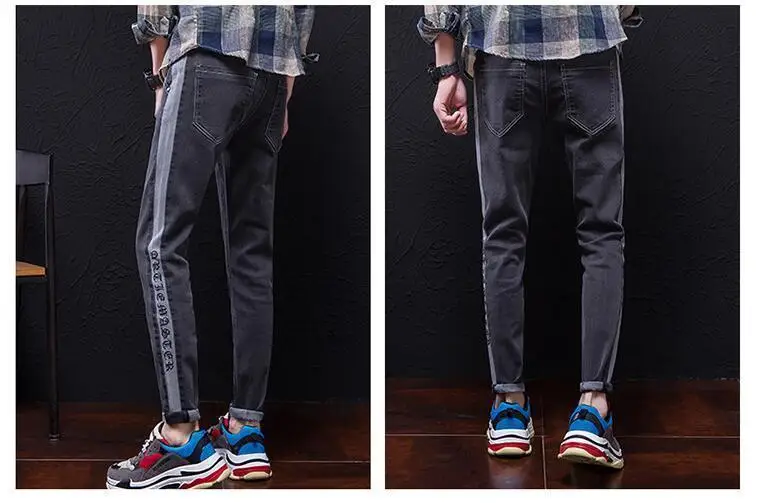 2069 Spring Summer Pencil Jeans Men Side Striped Casual Skinny Designer Jeans Men High Quality Fashion Slim Fit Black Grey Blue