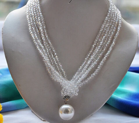 810 3strands 20mm white shell pearl clean faceted crystal necklace