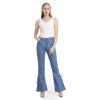

New Flare Pants Woman Summer Fashion Jeans Mid-rise Belt Denim Trousers Stretch Jeans Feminina Jeans Robe Femme