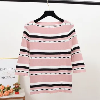 

Autumn Winter Stripes Print Sweaters Women Slim Seven Points Sleeve Round Collar Slim Bottoming Knit Sweater