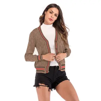 

Women's Long Sleeve Stripe Plaid V Neck Cardigan Short Coat Femme Fashion Casual Tops