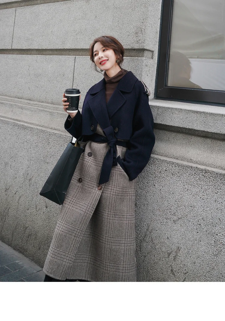 Шикарные корейские шерстяные пальто женские зимние английские длинные пальто темно-синие твидовые пальто двубортные пояса шерстяная Верхняя одежда для женщин