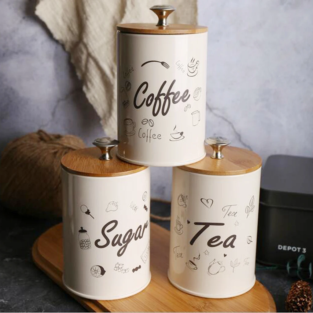 Blesiya Pack 3 Pieces Metal Kitchen Sugar , Coffee , Tea Jars Canisters,1L