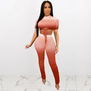 

ZKYZWX Sexy Gradient 2 Piece Set Women Summer Crop Top and Ruched Stacked Leggings Pants Two Piece Club Outfits Matching Sets