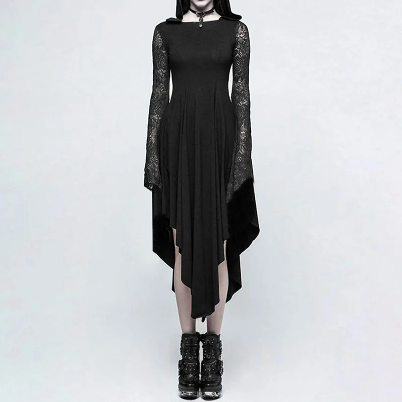 Темно-черное готическое Кружевное платье миди с капюшоном, с высоким низким подолом, страшное платье-Паучья Паутинка женский костюм, темно-панк-халат для девочек