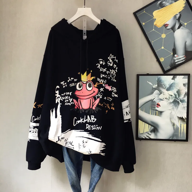 Autumn& Winter New Arrival Hooded Drawstring Sweatshirt Loose Frog Print Hip Hop Wild Sweatshirt Plus Size Free Shipping - Цвет: Черный