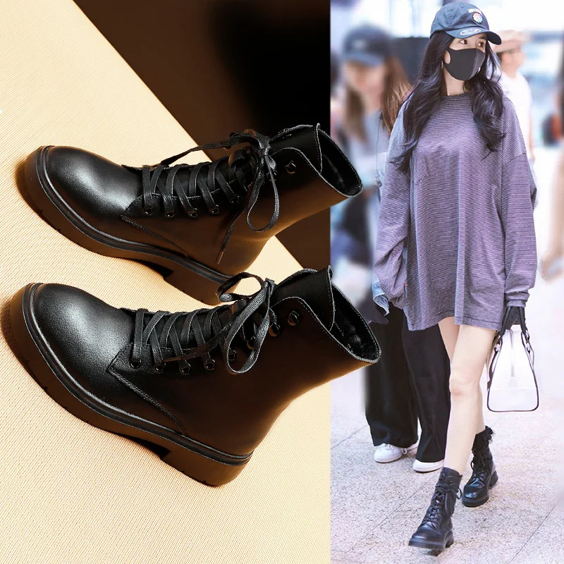 

Yang Mi Celebrity Style Martin Boots Women's 2019 Autumn And Winter New Style Versatile British-Style Flat Motorcycle Boots Genu
