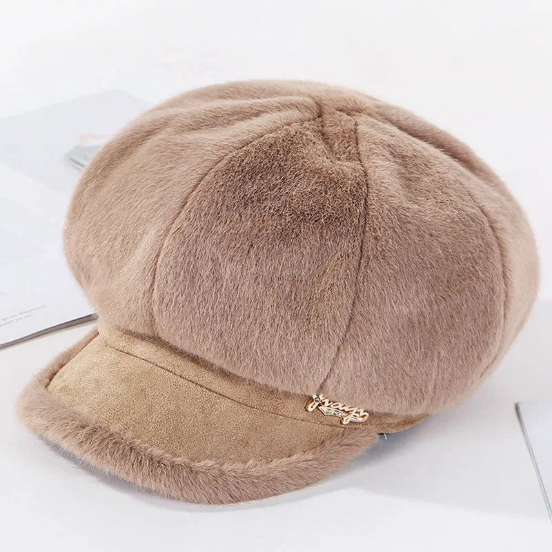 Новые женские шапки, толстые теплые зимние шапки, женские норковые бархатные Восьмиугольные шляпы, Лоскутные Шапки Newsboy - Цвет: KK
