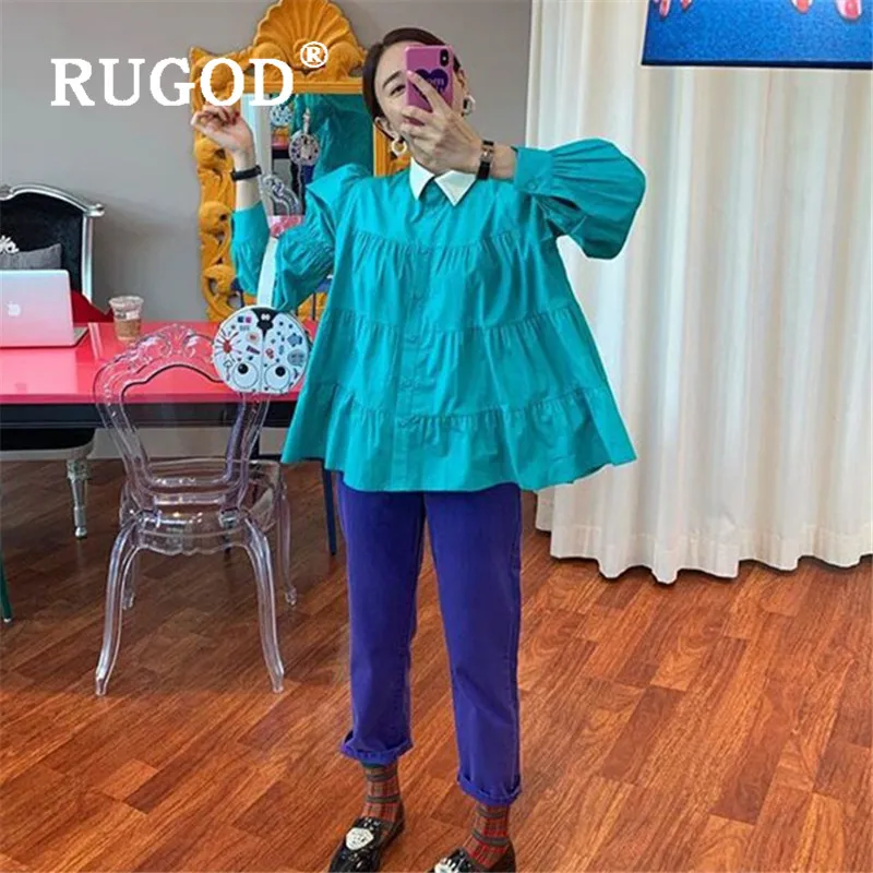 RUGOD корейский стиль Kawaii свободная однобортная блузка с отложным воротником Женская плиссированная Милая кукольная рубашка Мода
