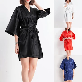 

New Black Chinese Women's Faux Silk Robe Bath Gown Hot Sale Kimono Yukata Bathrobe Solid Color Sleepwear M L XL XXL