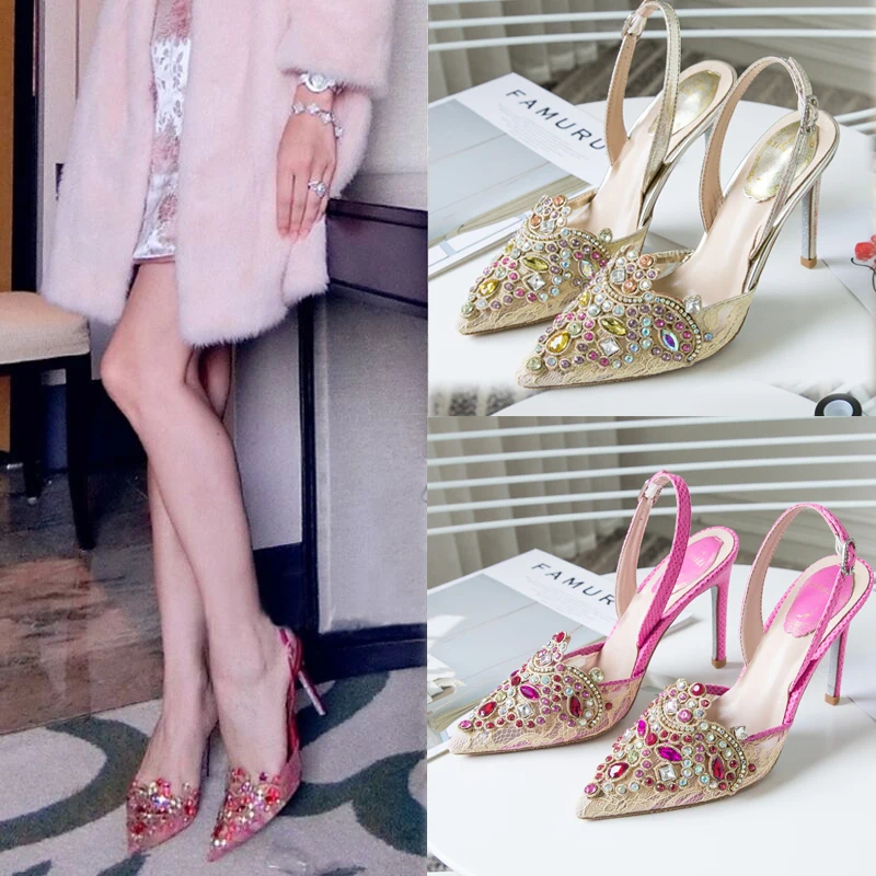 Zapatillas mujer Летняя женская обувь Острый носок слинбэки с украшением в виде кристаллов со стразами Дамская обувь на высоком каблуке; Tacones Mujer