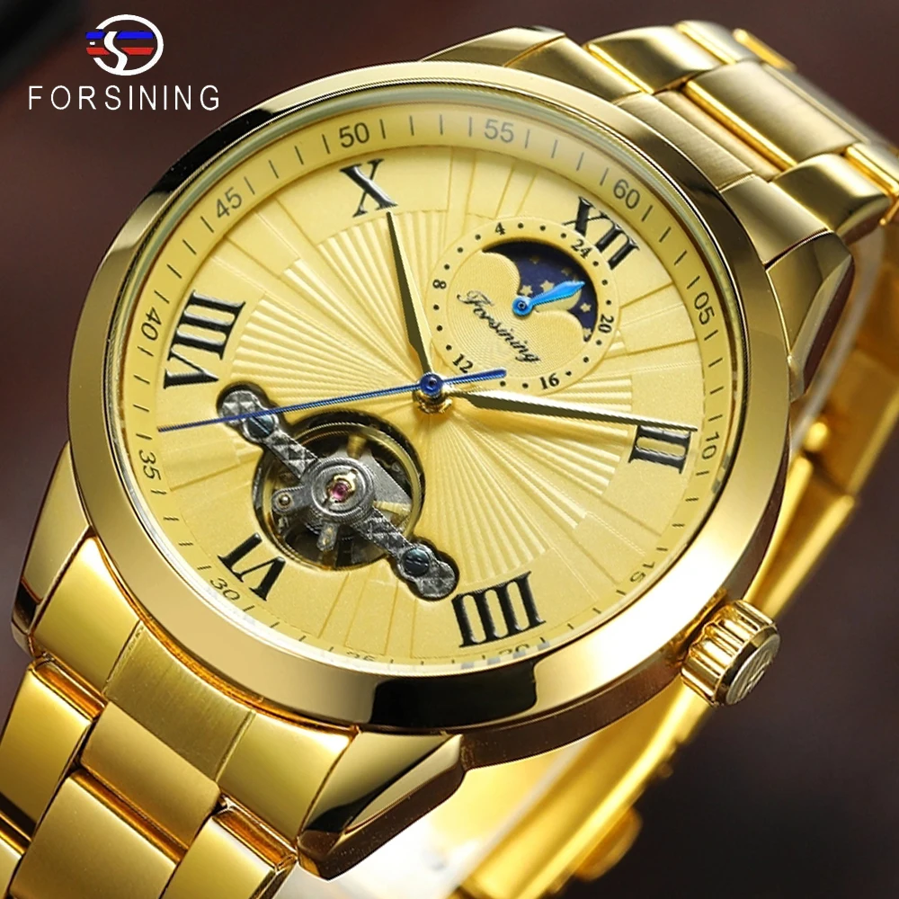 

Forsining Golden Men Mechanical Wristwatch 3D Dial Automatic Tourbillon Moonphase Full Steel Big Watches Clock Relogio Masculino
