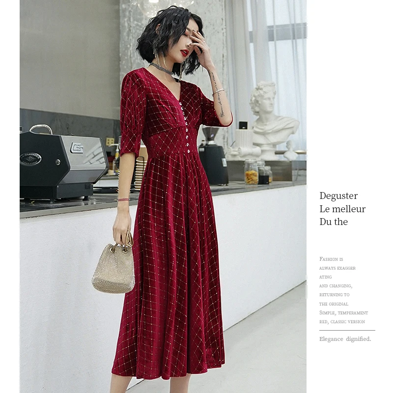 Yiiya вечерние платья с v-образным вырезом, велюровое вечернее платье в горошек размера плюс, элегантные вечерние платья с коротким рукавом, robe de soiree LF086