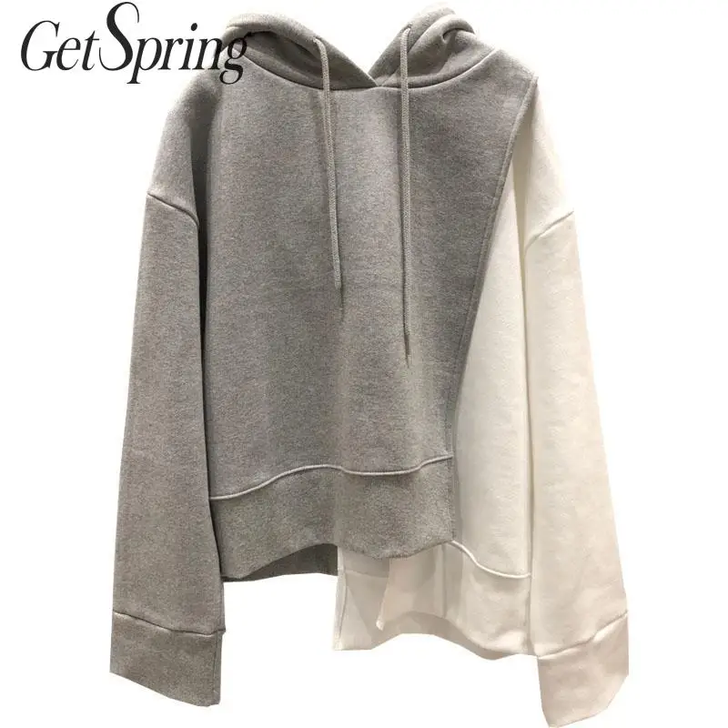 

GetSpring Women Hoodie Cotton Hooded Sweatshirt Patchwork Long Sleeve Womens Sweatshirts Pullover Irregular Women Tops Autumn