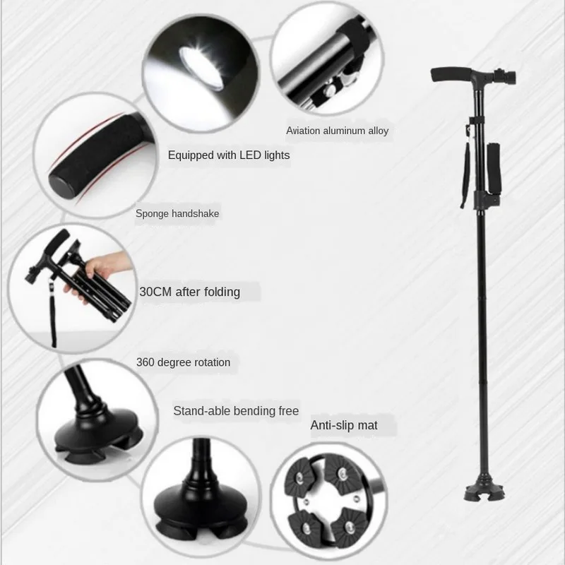 Double Handle Collapsible Telescopic Cane Folding Crutch LED Lightweight Safety Hiking Walking Stick Gifts for The Elder Parents 3