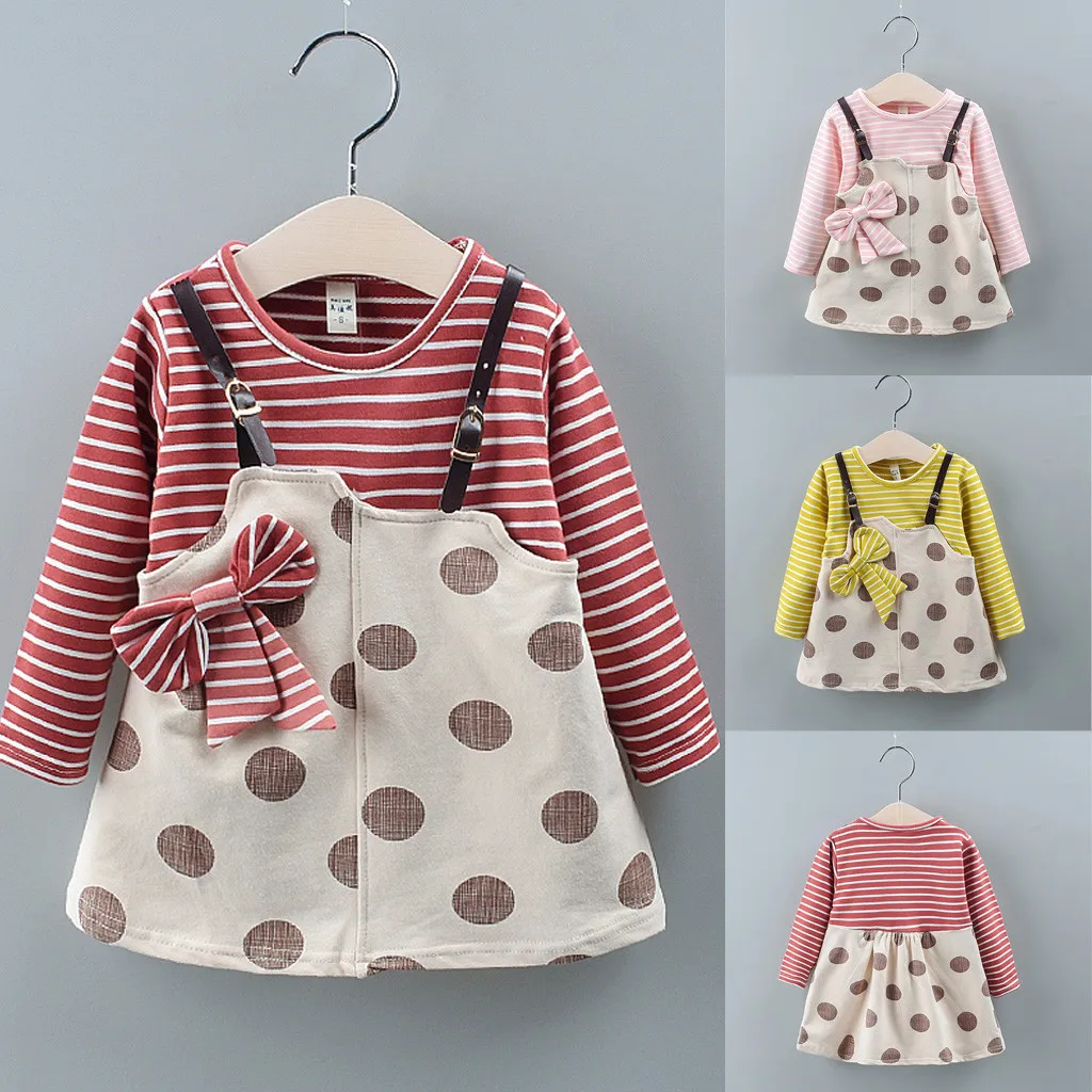 

Baby Outfit Set Girls Newborn Baby Girls Clothes Long Sleeve Stripe Tops+Dot Print Bow Winter Princess Dress Outfits Clothes Y89