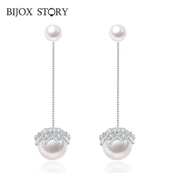 

BIJOX STORY Korean Style 925 Silver Earrings Jewelry with Freshwater Pearl Zircon Gemstones Long Drop Earrings for Women Wedding