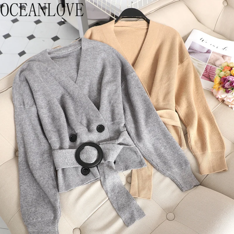 

OCEANLOVE Solid V Neck Short Cardigan Lace Up Double Breasted 2019 Fashion Women Sweater Korean Slim Autumn Chaqueta Mujer 12790