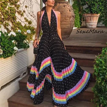 

Summer Elegant Bohemian Women Dot Maxi Dress 2020 Fashion Halter Sleeveless Rainbow Dress