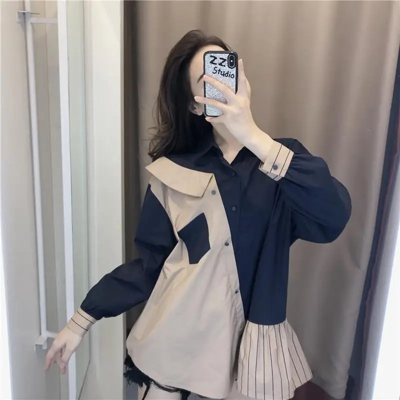 Neploe Contrast Color Patchwork Striped Blouse Autumn Spring New Retro Single Breast Pocket Blusas Pleated Loose Shirt48215