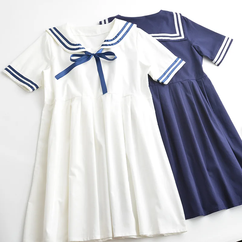 

S1421 Summer Wear New Style WOMEN'S Dress Japanese-style Mori Girl Line Navy Style College Sweet Short-sleeve Dress