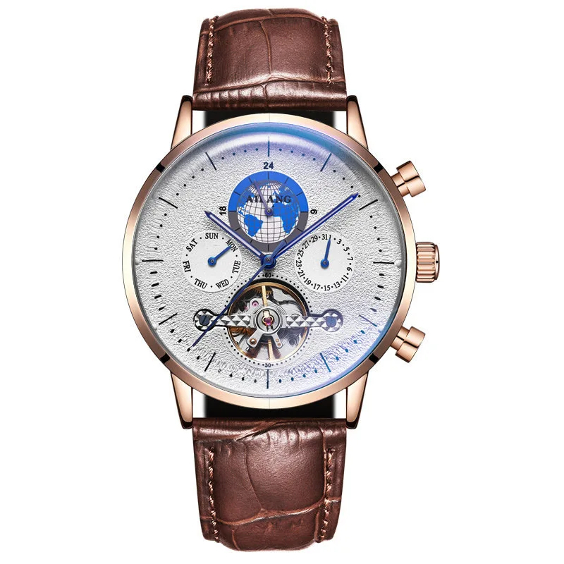 AILANG Fashion Mens Casual Tourbillon Hollow Luxury Leather Waterproof Luminous Week Calendar Clock Mechanical Watch 8613B 