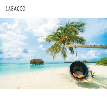 

Laeacco Summer Holiday Photography Backgrounds Sky Clouds Sea Beach Lodge Palms Tree Swing Photo Backdrops Portrait Photophone